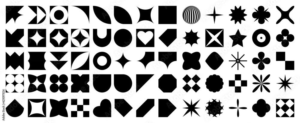 Poster Set of abstract aesthetic y2k geometric elements. Black retro vector shapes. EPS 10