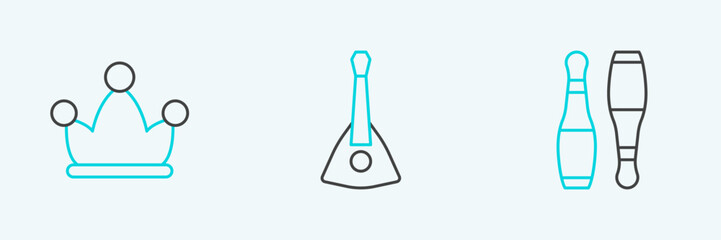 Set line Bowling pin, Jester hat with bells and Balalaika icon. Vector