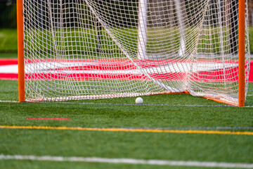 Dramatic late afternoon photo of a lacrosse goal on a synthetic turf field.	