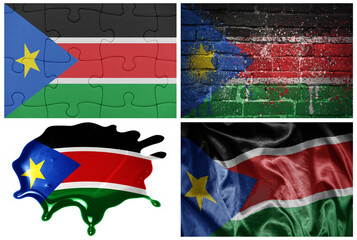 national colorful realistic flag of south sudan in different styles and with different textures on the white background.collage.