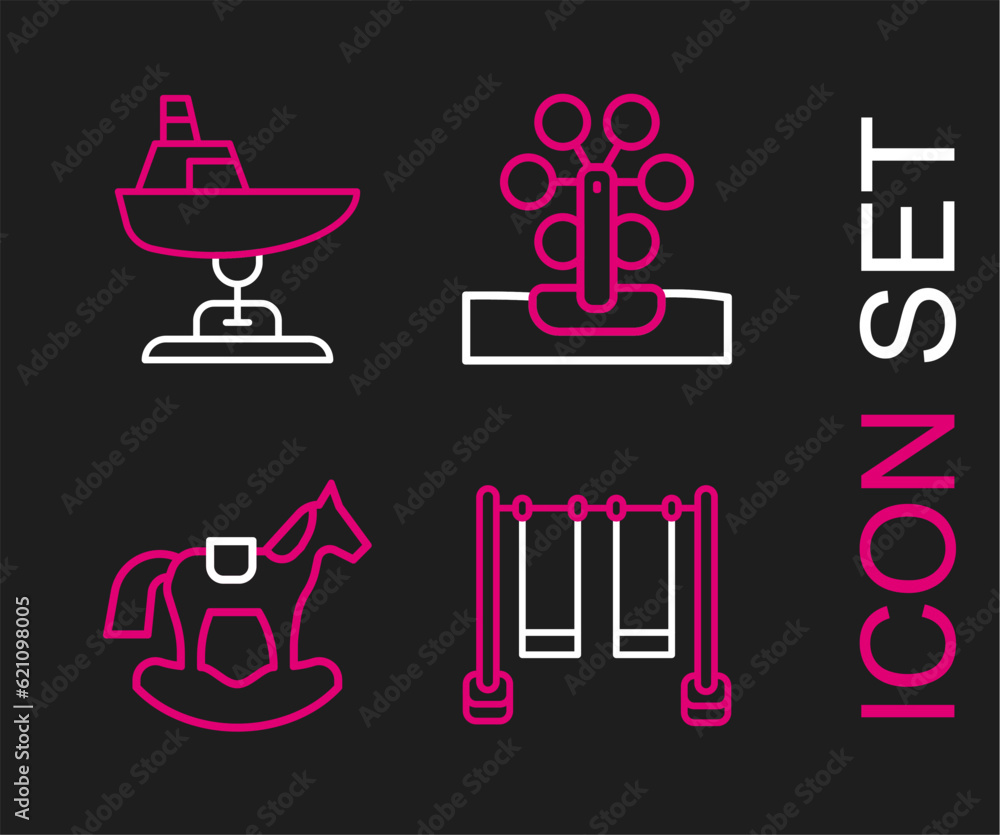 Sticker Set line Double swing, Horse saddle, Ferris wheel and Swing boat icon. Vector