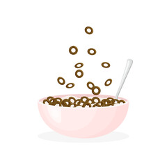 Milk porridge or cereal with chocolate balls. Rolled oats or crunchy cornflakes ara falling in a bowl. Sweet breakfast for kids. Vector illustration.