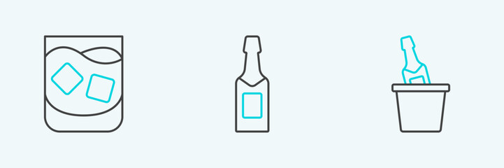 Set line Champagne in an ice bucket, Glass of whiskey and bottle icon. Vector