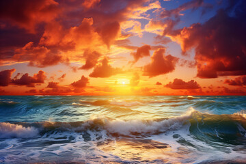 Fototapeta na wymiar Sunset over the calm ocean waters.