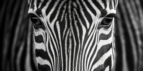 A zebra in black and white. An African wild animal has its gaze fixed on you. Despite their restricted depth of field, zebras possessed excellent eyesight. a pre-made canvas design for a poster or