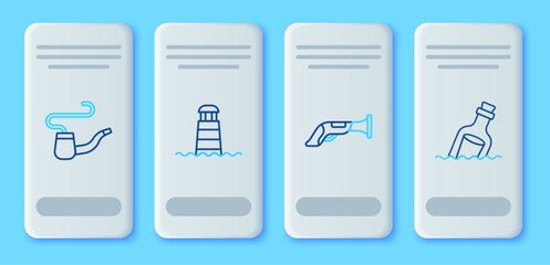 Set line Lighthouse, Vintage pistol, Smoking pipe and Bottle with message water icon. Vector