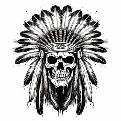 illustration of skull indian chief with headdress on isolated on white 