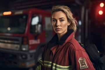 Fototapeta na wymiar Portrait of a female firefighter on the background of a fire engine.