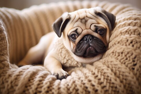 Cute pug cuddles up to his sweater at home during the colder months. seasonably heated as an idea