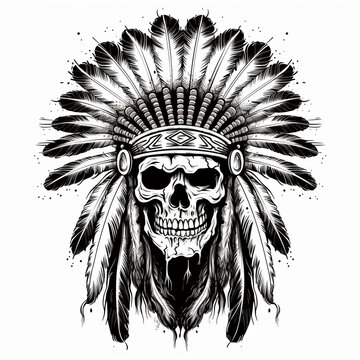 illustration of skull indian chief with headdress on isolated on white 