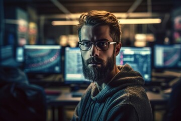 A hacker-programmer in front of a computer. Created with Generative Ai technology.
