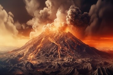 Fototapeta premium Apocalyptic volcanic scene with smoke and ash clouds and hot, streaming lava. A potentially dangerous natural environment. An active volcanos eruption. using digital