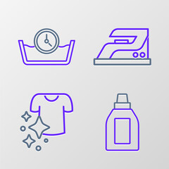 Set line Bottle for cleaning agent, Drying clothes, Electric iron and Time wash icon. Vector