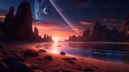 SCI-FI Fantasie Planet mit Strand und Felsen. Neue Planeten entdecken und erkunden. 