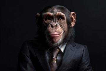 Affe trägt einen Anzug. Business Outfit für Tiere. Schimpanse als Porträtfoto mit Hemd und Krawatte. Generativ KI - obrazy, fototapety, plakaty