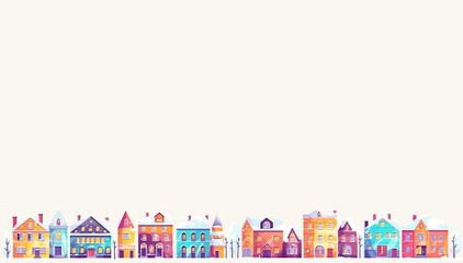 Horizontal border of cute colorful houses and cottages with copyspace for text