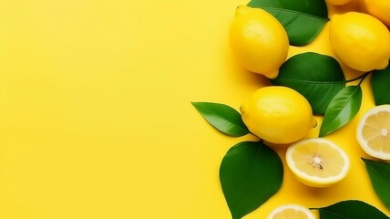 Fresh ripe citrus lemons on vivid yellow background with space for text