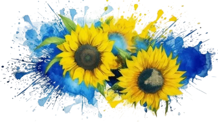 Poster de jardin  Watercolor sunflower with splashes of water, in colors of Ukraine - blue and yellow, independence symbol  © mashimara