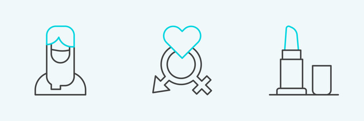 Set line Lipstick, Muslim woman in hijab and Gender icon. Vector