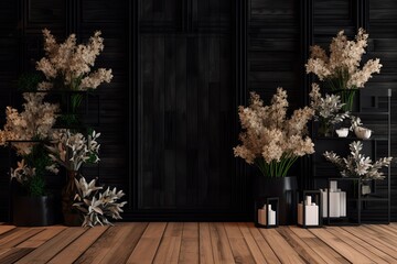 Fototapeta na wymiar Black interior with wood paneling and flowers. mockup used as an example. made using generative AI tools
