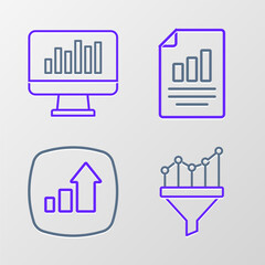 Set line Sales funnel with chart, Financial growth, Document graph and Monitor icon. Vector