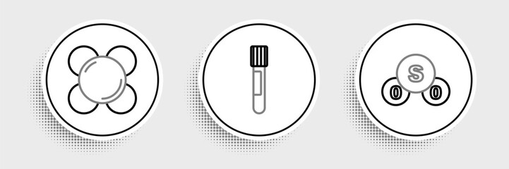 Fototapeta premium Set line Sulfur dioxide SO2, Molecule and Test tube icon. Vector