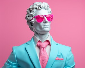 Fashionable ancient Greek male statue wearing pastel colors suit, tie, handkerchief in pocket and pink sunglasses Beautiful young man marble statue. Minimal concept of fashion campaign and fun fiction - obrazy, fototapety, plakaty