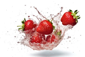 Only one strawberry. Strawberry fruits, whole and cut, falling across a white backdrop with a clipping path.