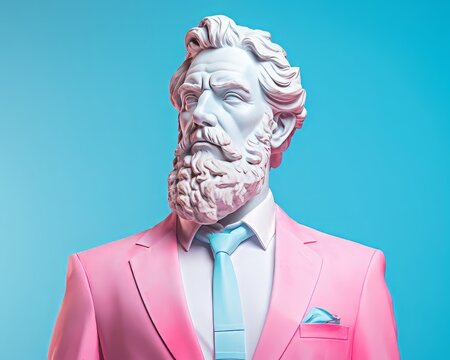 Portrait of fashionable ancient Greek male marble statue with beard wearing suit and tie. Minimal humorous concept of art, modern philosophy, funny democracy symbol. Pastel colors, pink, blue. 