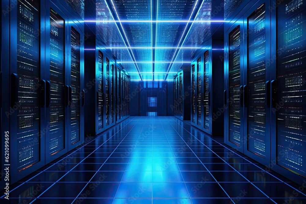 Poster a data center with blue lighting in the server room. made using generative ai tools