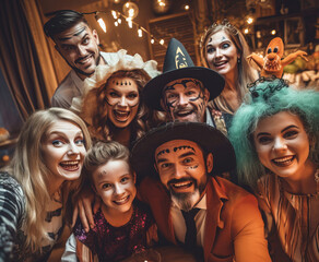 People in creepy costumes at a Halloween party. Merry celebration.