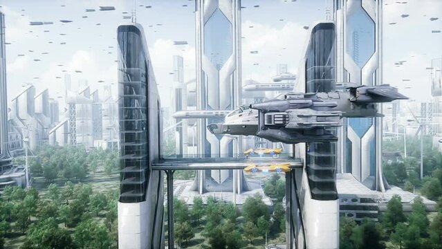 Sci fi ship in futuristic city. Aerial view. Realistic 4k animation.