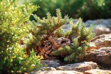 A Malta-native Chamaeleo chamaeleon, a form of brown camouflaged plant, suns itself on a garigue bush of Mediterranean thyme.