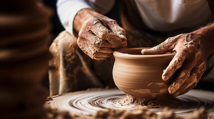Photo of a pottery wheel in action, hands shaping clay, creative process, the making of a ceramic vase, earthy ambiance, flying clay particles - Powered by Adobe