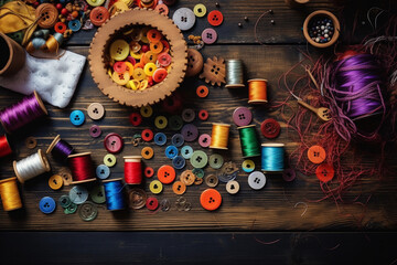 A wooden table strewn with various crafting supplies - colorful threads, beads, buttons, fabric pieces - placed against a brick wall backdrop. Rustic style