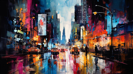 Fototapeta na wymiar Abstract, vibrant, watercolor painting of a bustling cityscape, splashes of neon color, detailed textures, expressionistic style, night setting with glowing lights, on high