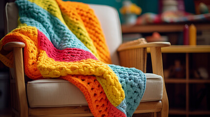 Bright and cheery image of a vibrant hand - knit children's blanket draped over a comfy chair, vintage ambiance, natural light