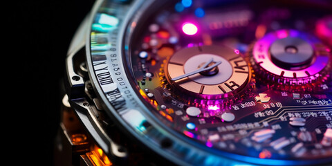 Close - up, macro shot, the inner workings of a smartwatch, with intricate electronic circuits, LED display, vibrant silicon components
