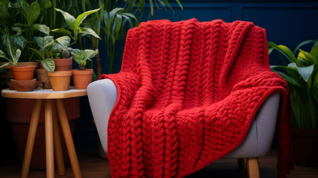 Bright and cheery image of a vibrant hand - knit children's blanket draped over a comfy chair, vintage ambiance, natural light