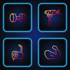 Set line Bodybuilder muscle, Stationary bicycle, Dumbbell and Carrot fork. Gradient color icons. Vector