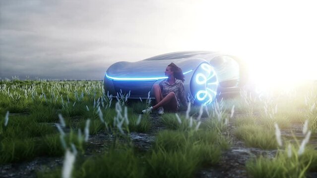 3d girl and futuristic electric car on walley. Future concept. Realistic 4k animation.