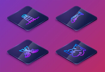 Set Isometric line Lighthouse, Crossed pirate swords, Vintage pistol and Pirate treasure map. Blue square button. Vector