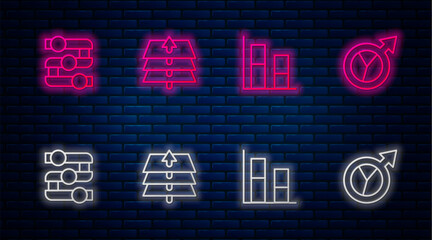 Set line Layers, Graph, chart, diagram, and Financial growth. Glowing neon icon on brick wall. Vector