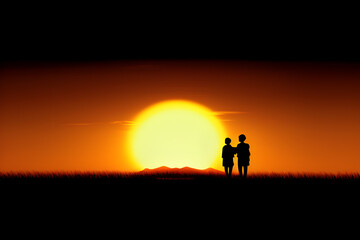 Obraz na płótnie Canvas wallpaper of a rising sun, Silhouette of a couple in front. generative ai