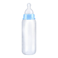Blue bottle, silicone nipple. Milk infant formula. Newborn girl. Hand drawn watercolor illustration isolated on white background. Gender reveal party, baby shower