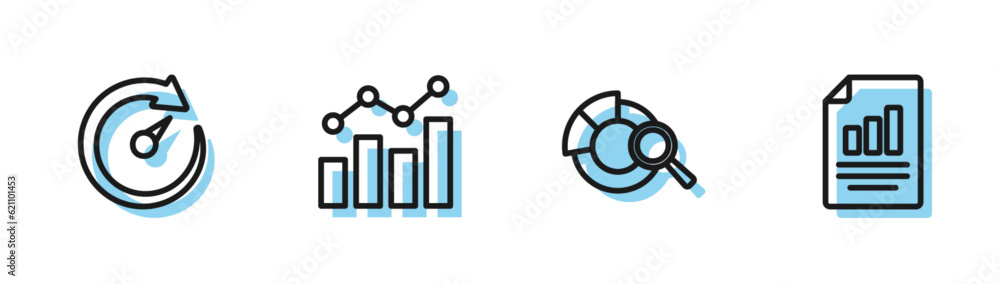 Poster set line search data analysis, digital speed meter, financial growth and document with graph chart i