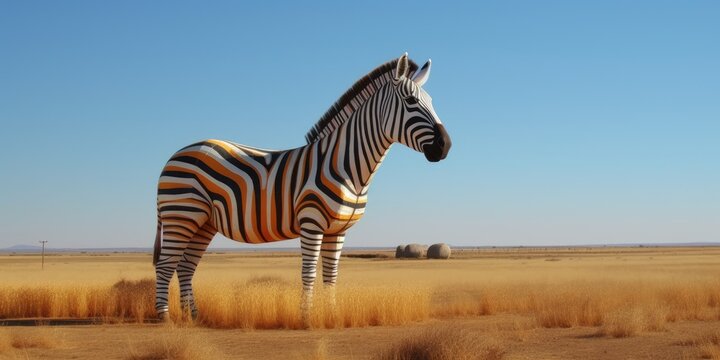 The Great Plains are at full throttle. The zebras ears perked up, and it gave us a curious look. The picture depicts a full-color striped horse. image used as a decorative element or as a sign to