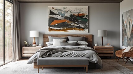 A grey bedroom has modest artwork on the wooden headboard of the bed, which is surrounded by pillows, rugs, a seat, and a chair.