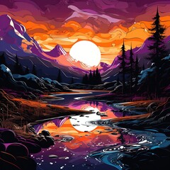 Awe-Inspiring Sunset Scenery Majestic Mountains, Vibrant Flowers, River, and the Painted Sky
