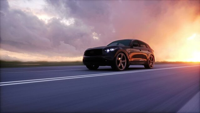 Luxury black car on highway. Very fast driving.